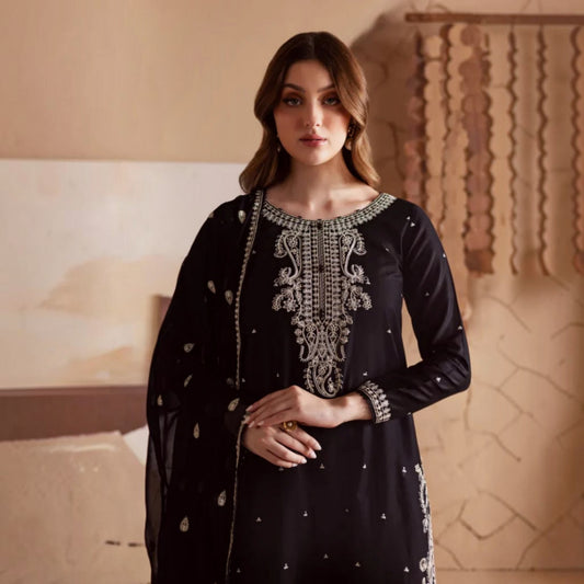 3-Piece Embroidered Dhanak Unstitched Suit